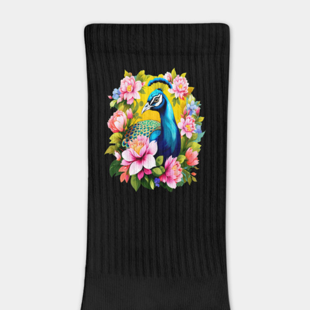 A Cute Peacock Surrounded by Bold Vibrant Spring Flowers by BirdsnStuff