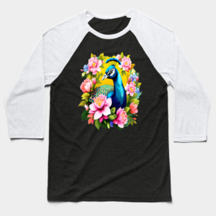 A Cute Peacock Surrounded by Bold Vibrant Spring Flowers Baseball T-Shirt