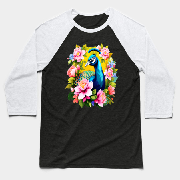 A Cute Peacock Surrounded by Bold Vibrant Spring Flowers Baseball T-Shirt by BirdsnStuff