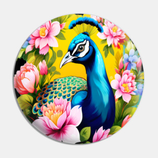 A Cute Peacock Surrounded by Bold Vibrant Spring Flowers Pin