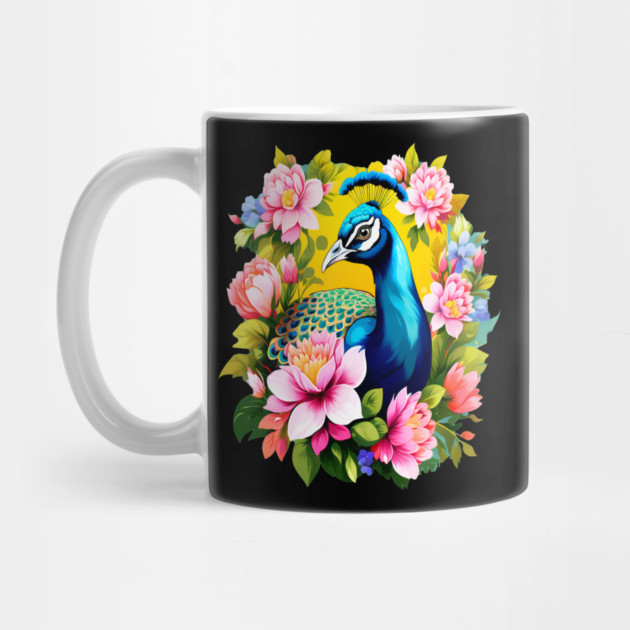 A Cute Peacock Surrounded by Bold Vibrant Spring Flowers by BirdsnStuff