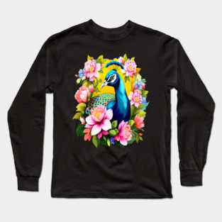 A Cute Peacock Surrounded by Bold Vibrant Spring Flowers Long Sleeve T-Shirt