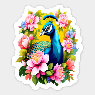 A Cute Peacock Surrounded by Bold Vibrant Spring Flowers Sticker