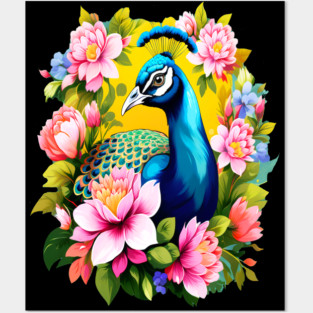 A Cute Peacock Surrounded by Bold Vibrant Spring Flowers Posters and Art