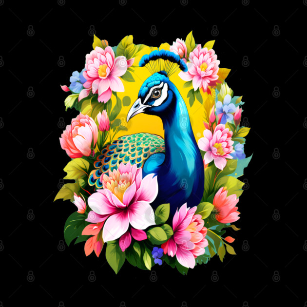 A Cute Peacock Surrounded by Bold Vibrant Spring Flowers by BirdsnStuff