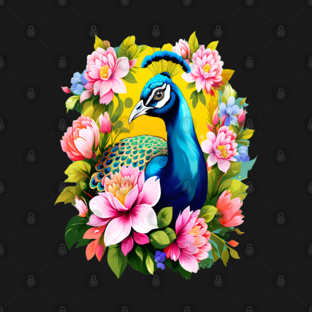 A Cute Peacock Surrounded by Bold Vibrant Spring Flowers by BirdsnStuff