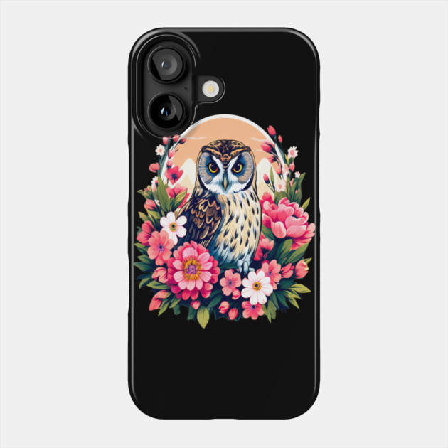 A Cute Short Eared Owl Surrounded by Bold Vibrant Spring Flowers Phone Case by BirdsnStuff