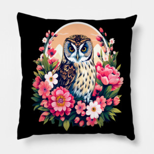A Cute Short Eared Owl Surrounded by Bold Vibrant Spring Flowers Pillow