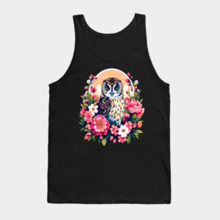 A Cute Short Eared Owl Surrounded by Bold Vibrant Spring Flowers Tank Top