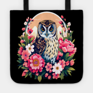 A Cute Short Eared Owl Surrounded by Bold Vibrant Spring Flowers Tote