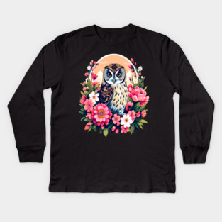 A Cute Short Eared Owl Surrounded by Bold Vibrant Spring Flowers Kids Long Sleeve T-Shirt