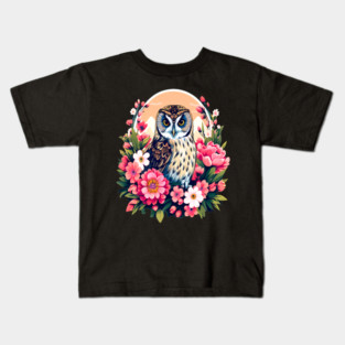 A Cute Short Eared Owl Surrounded by Bold Vibrant Spring Flowers Kids T-Shirt