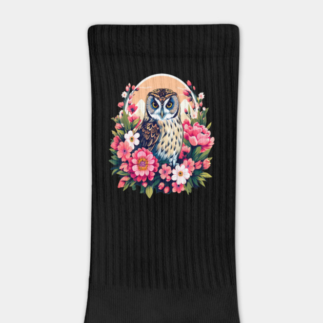 A Cute Short Eared Owl Surrounded by Bold Vibrant Spring Flowers by BirdsnStuff