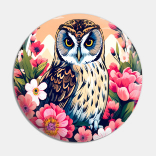 A Cute Short Eared Owl Surrounded by Bold Vibrant Spring Flowers Pin