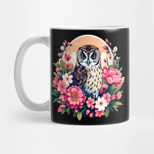 A Cute Short Eared Owl Surrounded by Bold Vibrant Spring Flowers by BirdsnStuff
