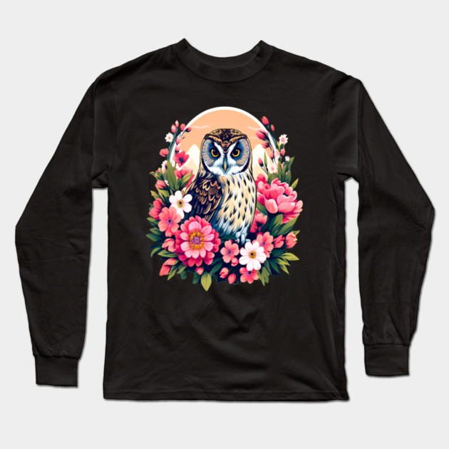 A Cute Short Eared Owl Surrounded by Bold Vibrant Spring Flowers Long Sleeve T-Shirt by BirdsnStuff