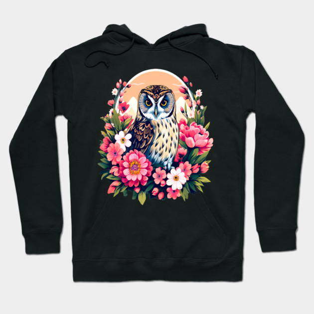 A Cute Short Eared Owl Surrounded by Bold Vibrant Spring Flowers Hoodie by BirdsnStuff