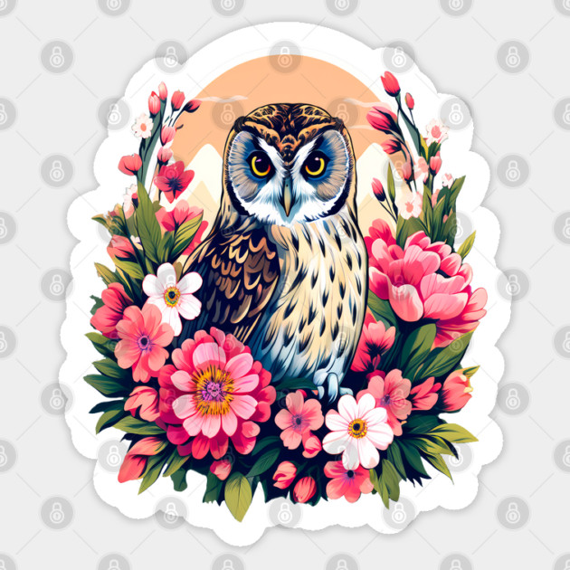 A Cute Short Eared Owl Surrounded by Bold Vibrant Spring Flowers Sticker by BirdsnStuff