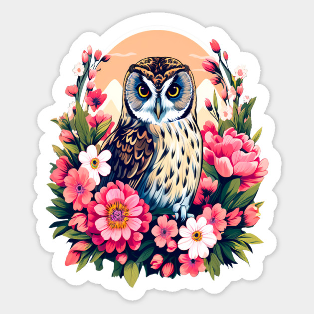 A Cute Short Eared Owl Surrounded by Bold Vibrant Spring Flowers Magnet by BirdsnStuff