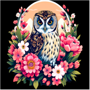 A Cute Short Eared Owl Surrounded by Bold Vibrant Spring Flowers Posters and Art
