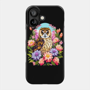 A Cute Short Eared Owl Surrounded by Bold Vibrant Spring Flowers Phone Case