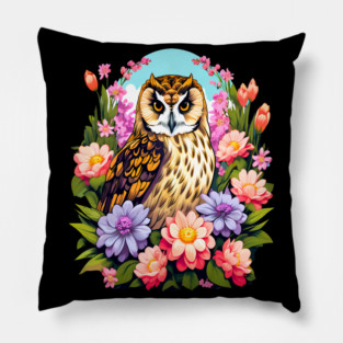 A Cute Short Eared Owl Surrounded by Bold Vibrant Spring Flowers Pillow