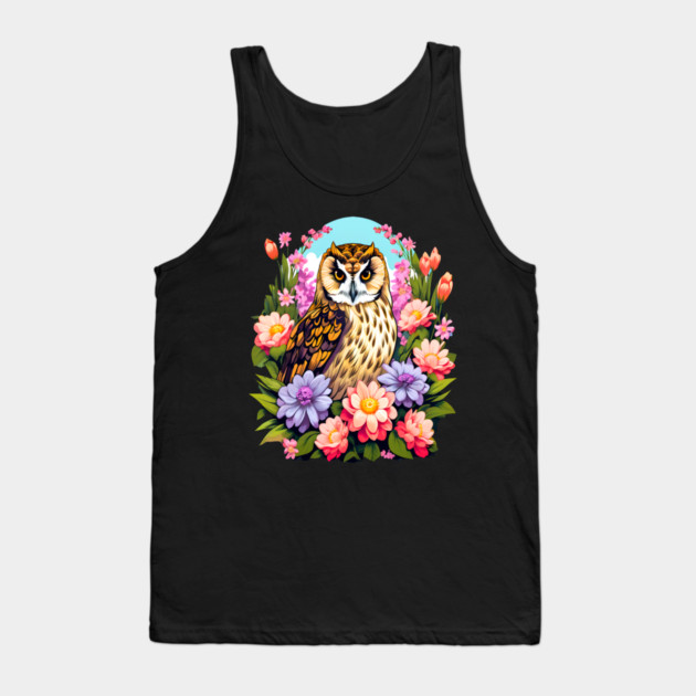 A Cute Short Eared Owl Surrounded by Bold Vibrant Spring Flowers Tank Top by BirdsnStuff