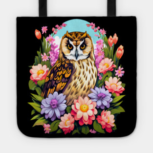 A Cute Short Eared Owl Surrounded by Bold Vibrant Spring Flowers Tote