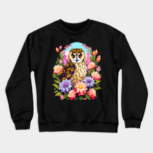 A Cute Short Eared Owl Surrounded by Bold Vibrant Spring Flowers Crewneck Sweatshirt