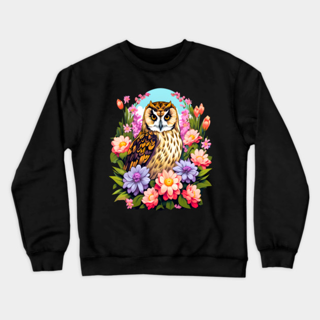 A Cute Short Eared Owl Surrounded by Bold Vibrant Spring Flowers Crewneck Sweatshirt by BirdsnStuff