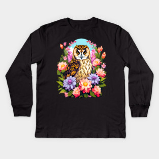 A Cute Short Eared Owl Surrounded by Bold Vibrant Spring Flowers Kids Long Sleeve T-Shirt