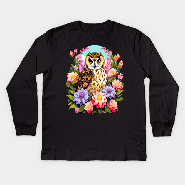 A Cute Short Eared Owl Surrounded by Bold Vibrant Spring Flowers Kids Long Sleeve T-Shirt by BirdsnStuff