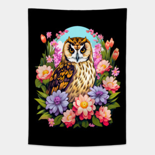 A Cute Short Eared Owl Surrounded by Bold Vibrant Spring Flowers Tapestry