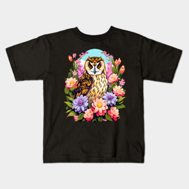 A Cute Short Eared Owl Surrounded by Bold Vibrant Spring Flowers Kids T-Shirt by BirdsnStuff