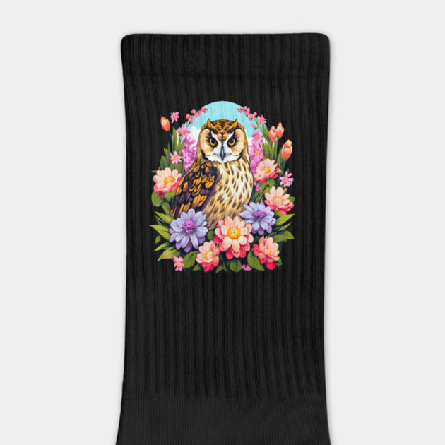 A Cute Short Eared Owl Surrounded by Bold Vibrant Spring Flowers by BirdsnStuff