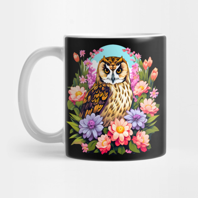 A Cute Short Eared Owl Surrounded by Bold Vibrant Spring Flowers by BirdsnStuff
