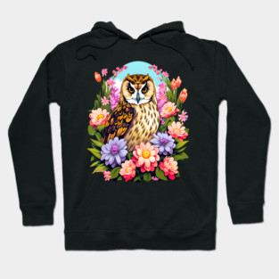 A Cute Short Eared Owl Surrounded by Bold Vibrant Spring Flowers Hoodie
