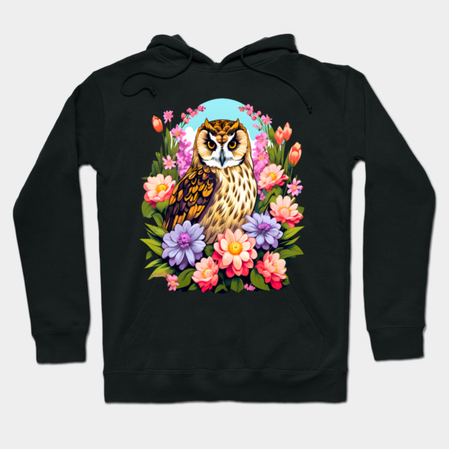 A Cute Short Eared Owl Surrounded by Bold Vibrant Spring Flowers Hoodie by BirdsnStuff