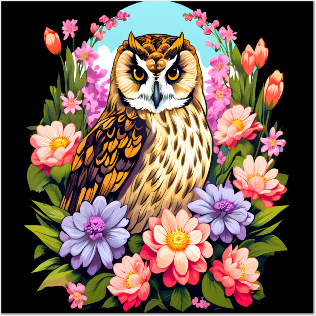 A Cute Short Eared Owl Surrounded by Bold Vibrant Spring Flowers Wall Art by BirdsnStuff