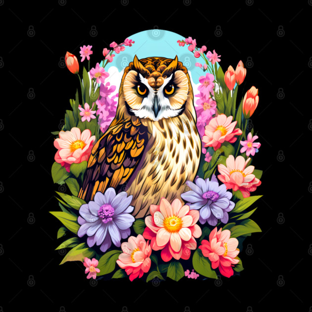 A Cute Short Eared Owl Surrounded by Bold Vibrant Spring Flowers by BirdsnStuff
