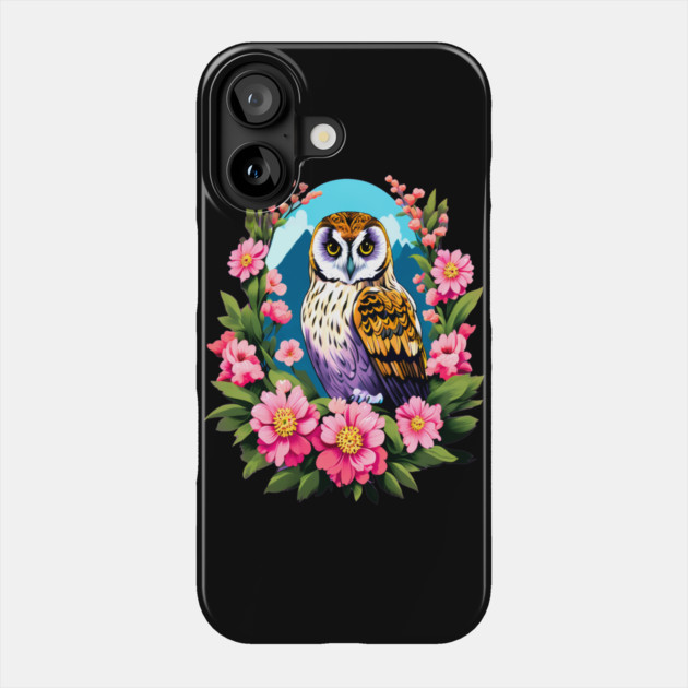 A Cute Short Eared Owl Surrounded by Bold Vibrant Spring Flowers Phone Case by BirdsnStuff