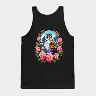 A Cute Short Eared Owl Surrounded by Bold Vibrant Spring Flowers Tank Top