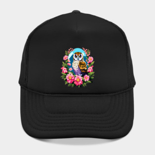 A Cute Short Eared Owl Surrounded by Bold Vibrant Spring Flowers Hat