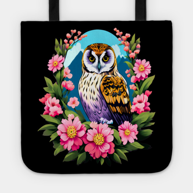 A Cute Short Eared Owl Surrounded by Bold Vibrant Spring Flowers Tote by BirdsnStuff