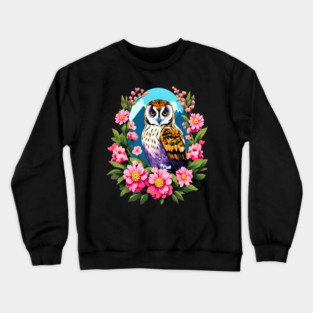 A Cute Short Eared Owl Surrounded by Bold Vibrant Spring Flowers Crewneck Sweatshirt
