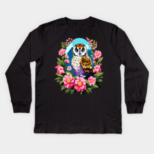 A Cute Short Eared Owl Surrounded by Bold Vibrant Spring Flowers Kids Long Sleeve T-Shirt