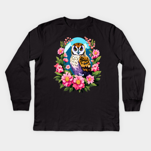 A Cute Short Eared Owl Surrounded by Bold Vibrant Spring Flowers Kids Long Sleeve T-Shirt by BirdsnStuff