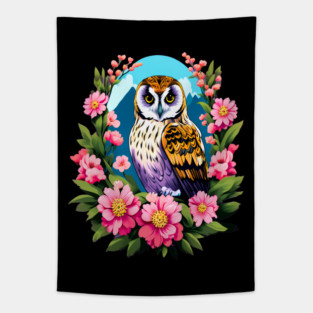 A Cute Short Eared Owl Surrounded by Bold Vibrant Spring Flowers Tapestry
