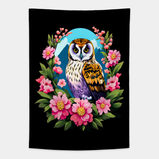 A Cute Short Eared Owl Surrounded by Bold Vibrant Spring Flowers Tapestry by BirdsnStuff