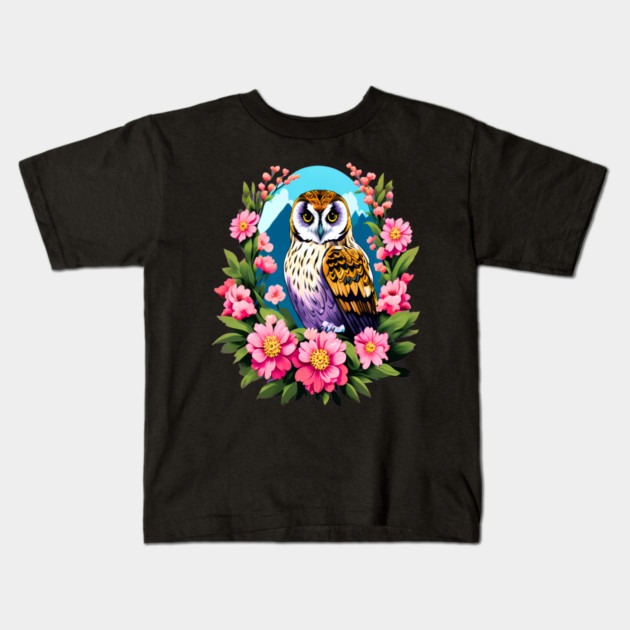 A Cute Short Eared Owl Surrounded by Bold Vibrant Spring Flowers Kids T-Shirt by BirdsnStuff